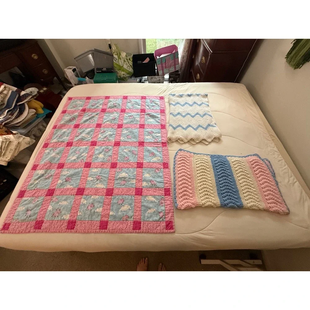 Handmade Baby Blanket Bundle Flying Pigs Quilt Crochet Chevron Pink Blue 3pc Set